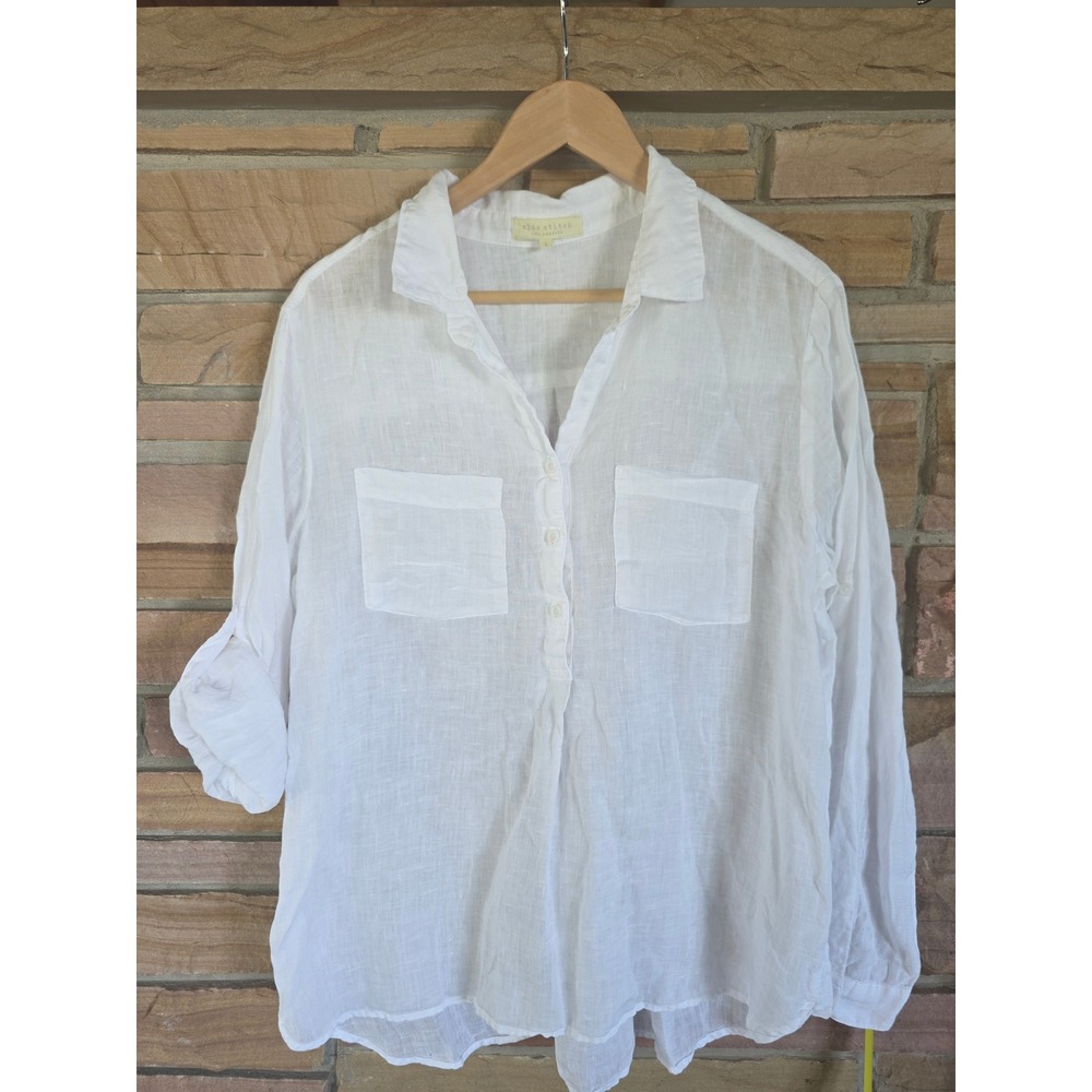 Side Stitch Los Angeles White Linen Blend Roll Tab Button Down Shirt Large